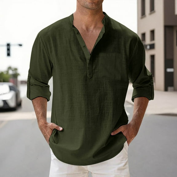 ZZHZGZ Fourth of July Blue Jean Shirt Men Mens Spring Summer Loose Stand Solid Color Pocket Long Sleeve Pullover Shirt 4Th of July Shirts Linen Mens Xxxxxl