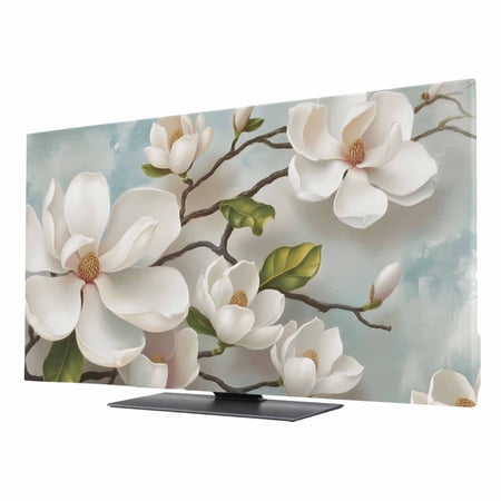 Magnolia Farmhouse TV Dust Cover 55 Inch, White Floral Vintage Pastoral Botanical Computer Monitor Cover Dustproof Stretchable Indoor TV Screen Protector for LED LCD Universal Monitors
