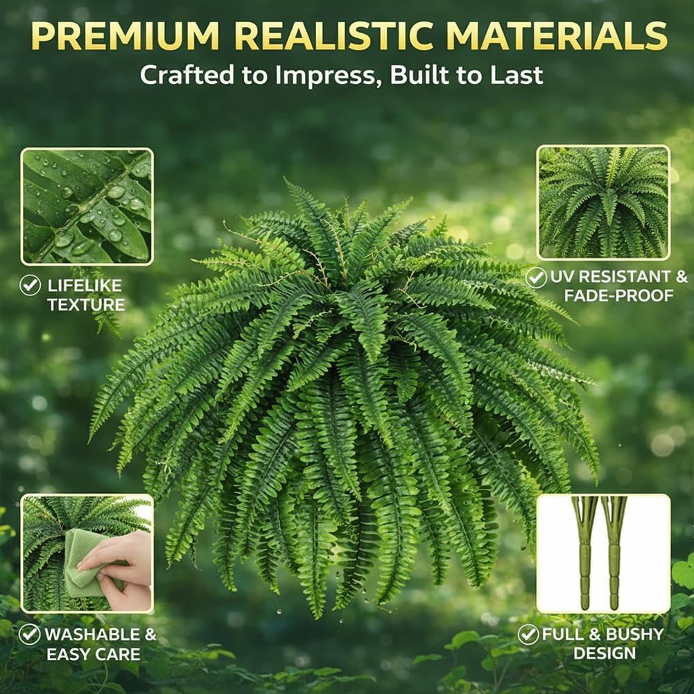 UV-Resistant Artificial Boston Fern for Outdoor Planters – Lifelike Silk Faux Plant for Patio, Porch & Garden, 38/60/88 Leaf