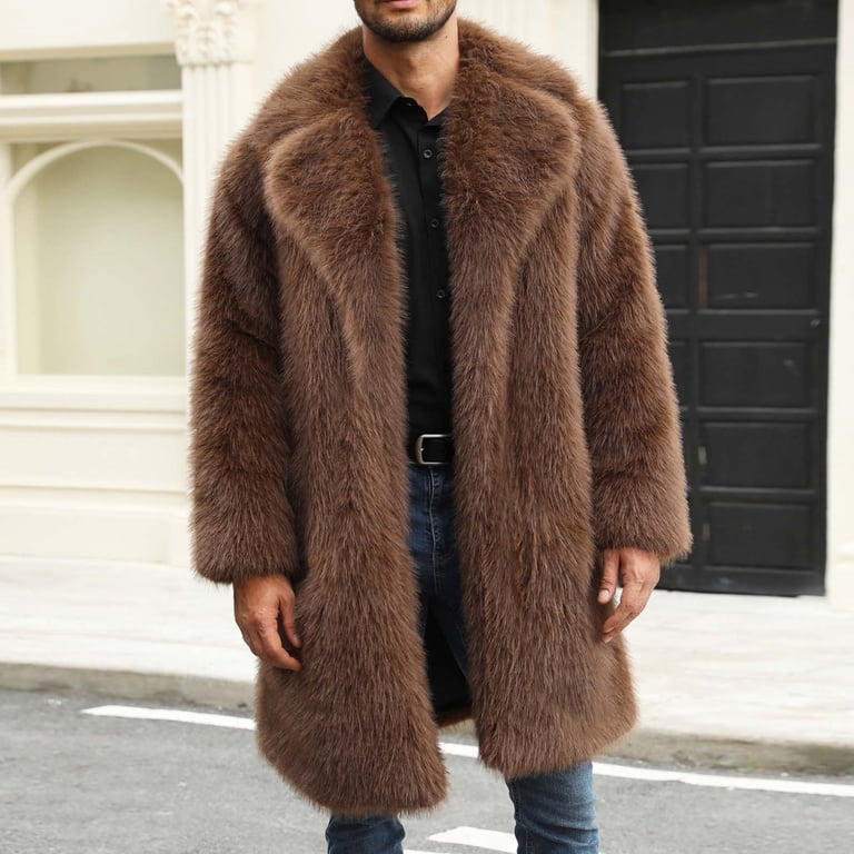 Men Mid Long Casual Faux Mink Coat Faux Fur Coat Winter Long Faux
