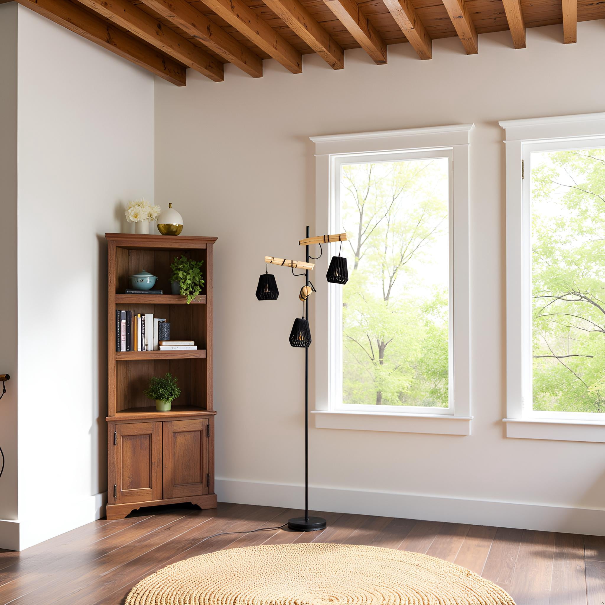 Floor Lamp 3 light,Handmade Boho  Shades Boho Wooden Standing Lamps  Farmhouse floor lamps for living room