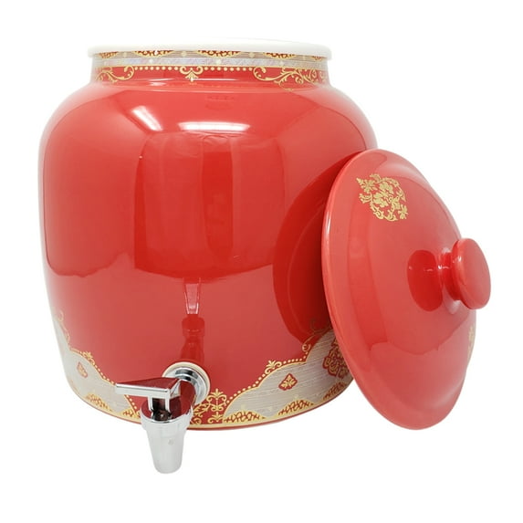 Premium Lead-Free Porcelain Beverage Dispenser With Matching Lid - 2.5 Gallons - With Crock Ring Protector, No-Drip Chrome Painted BPA-Free Plastic Spigot Faucet and Lid - Royal Red and Gold Pattern