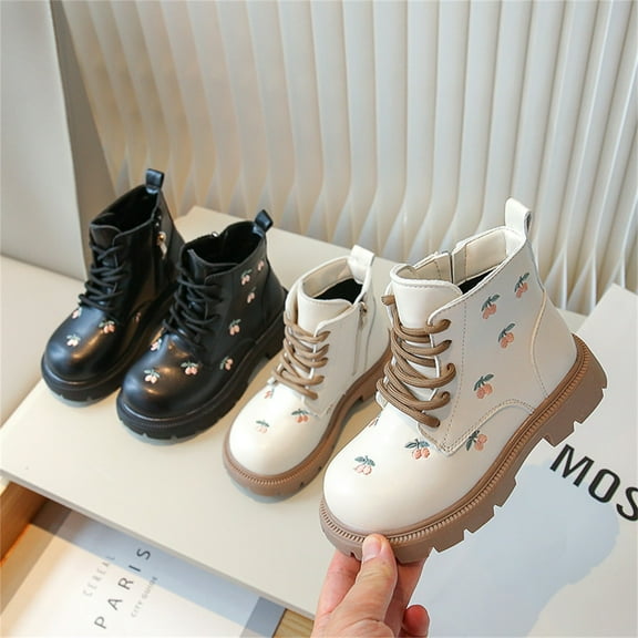 Eltusu Girls Ankle Boots, Lace-up Soft Windproof Thermal Winter Shoes Beige Size 12(Little Kids)