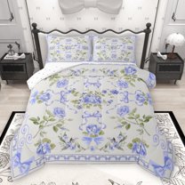 Homewish Cartoon Ribbon Bowknot Queen Comforter Set,Purple Flower Floral Bedding Sets,Rustic Natural Plant Bedding Comforter Set For Girls Kids,Luxury Bedroom Decor Reversible,3pcs