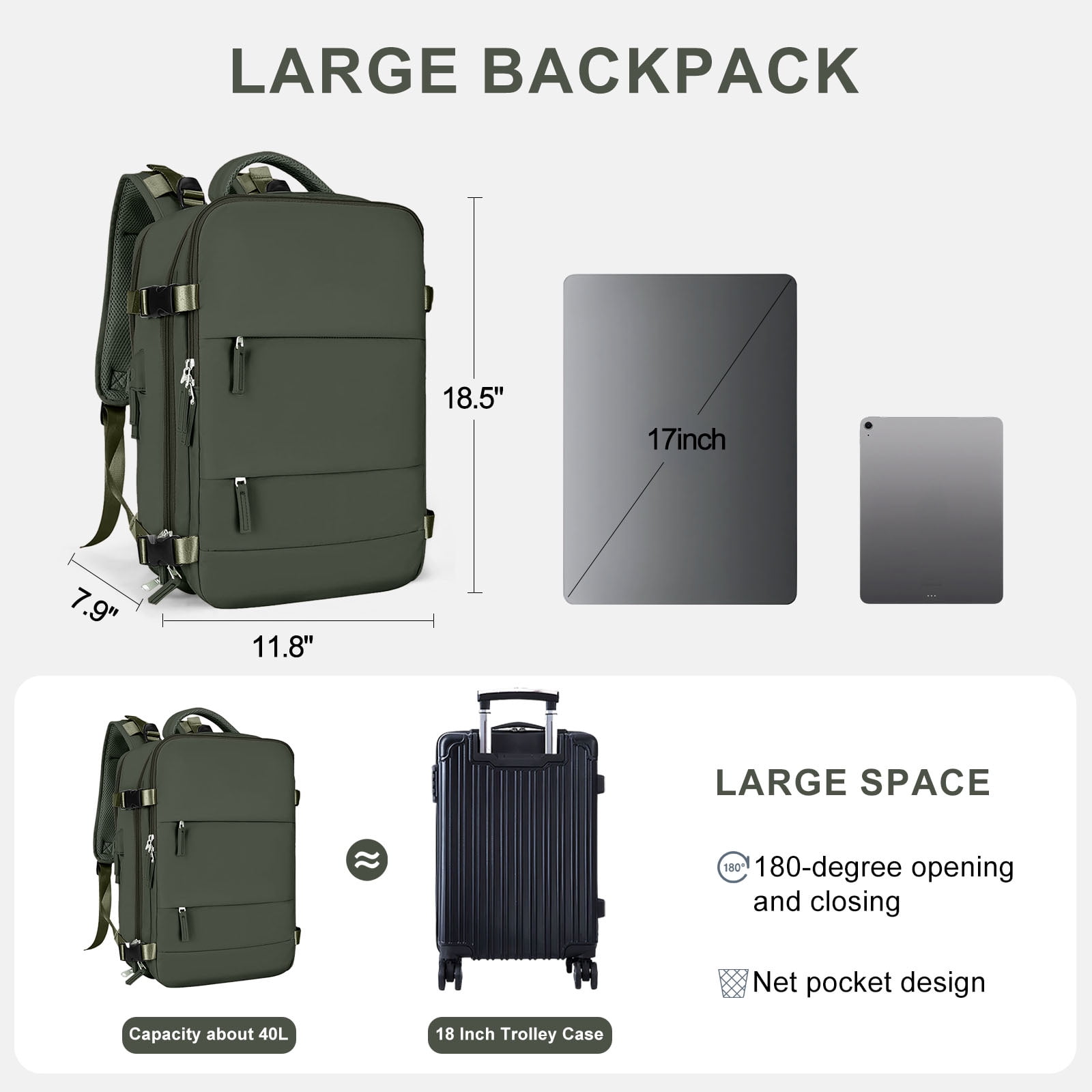 DAKIMOE Large Travel Backpack for Women Men Laptop Bag Airline Approved Carry On Backpacks Waterproof Anti Theft Gym Bags Hiking Flight Approved Luggage Casual Daypack, Large, Army Green
