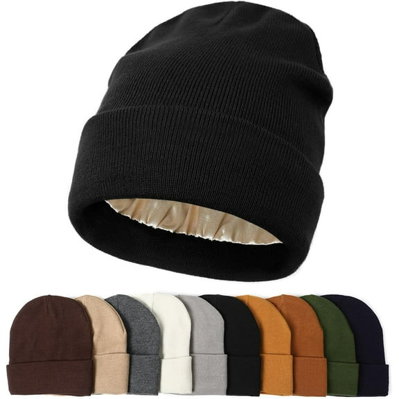 1Pac Satin Lined Beanie Hats for Women Men Knit Acrylic Beanie Winter Hat Silk Lining Soft Slouchy Warm Cuffed Beanie Hat