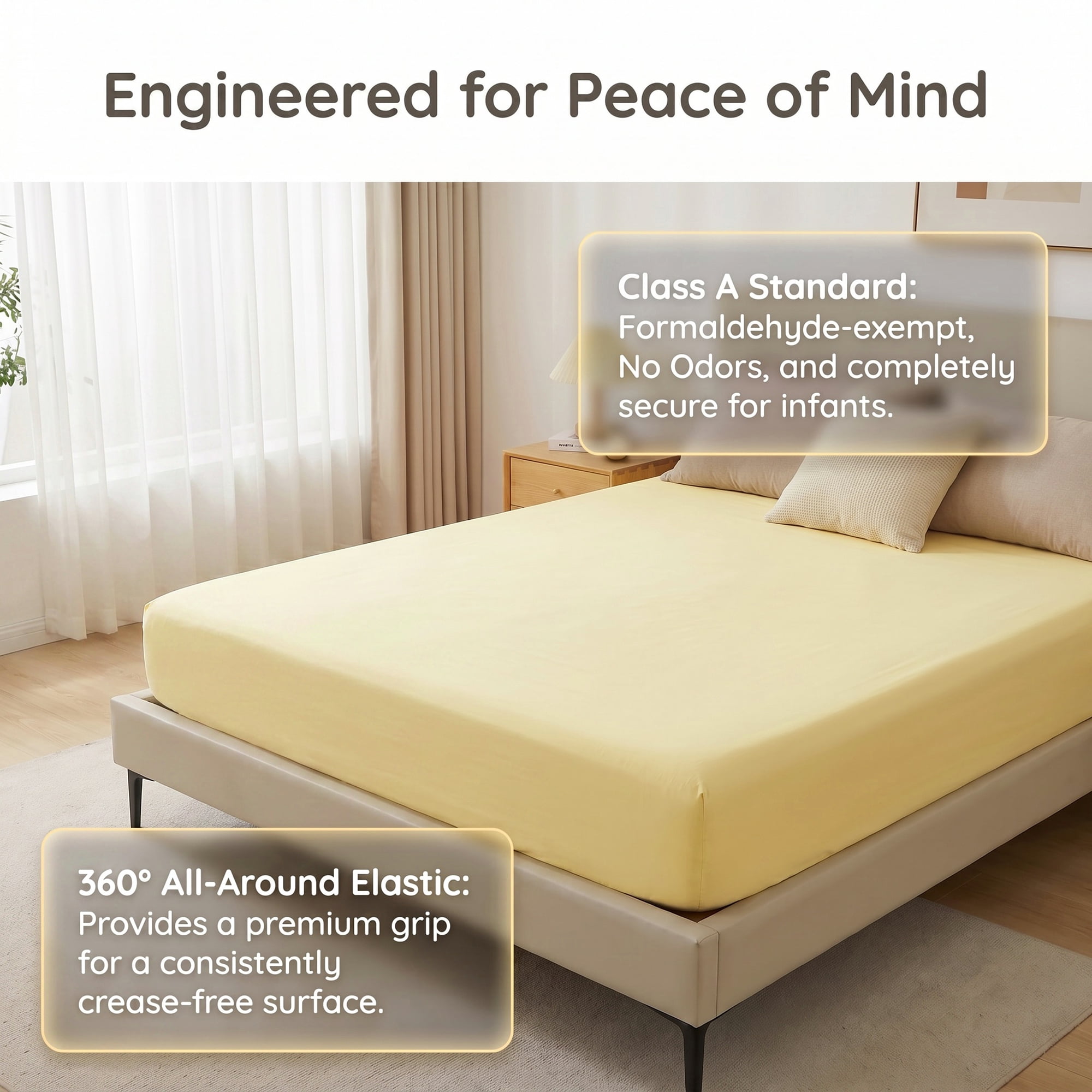 Unique Bargains Fitted Sheet Cotton Bed Sheets Cooling for Sleep 71"x78.7" Creamy Yellow