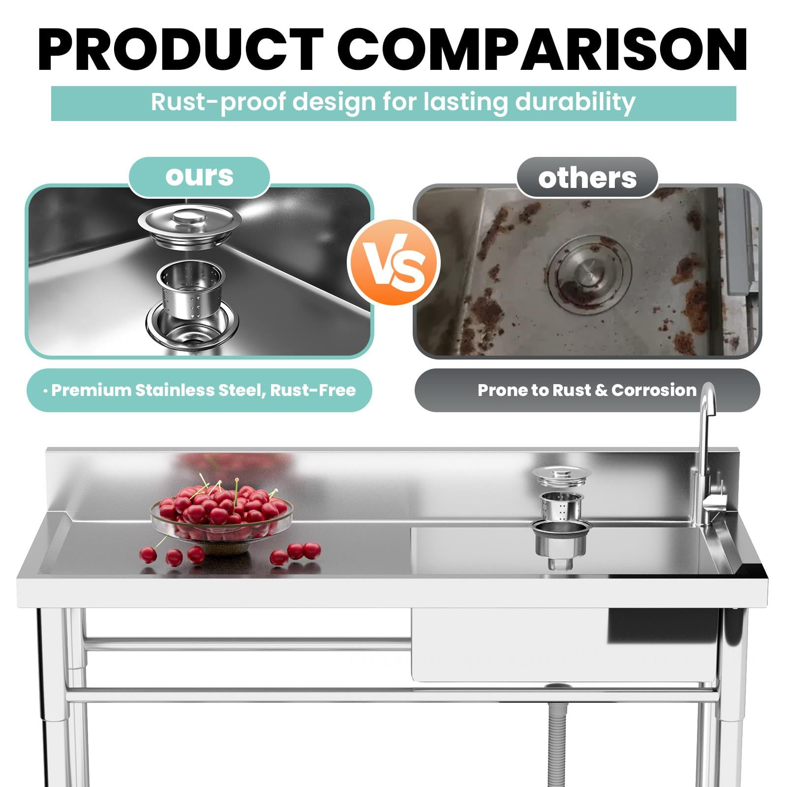 300Lbs-Load capacity stainless steel Single Sink,47.3''*18.5''*33.6'' Stainless Steel Utility Sink, Free Standing Single Bowl Kitchen Sink Set with Faucets Hot & Cold Water Pipes for Food Truck, Bar,