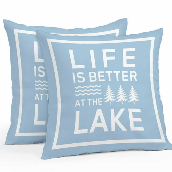 LIFE IS Outdoor Waterproof Pillow Covers 18x18 Pack of 2 BETTER AT THE LAKE Minimalism Blue Decorative Outdoor Pillow Covers Square Cushion Cases for Patio Furniture Pergola Couch