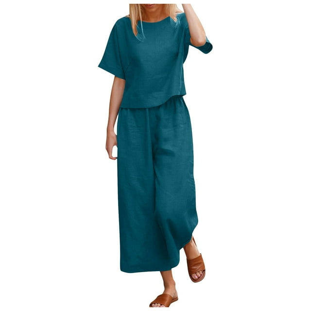 Conjunto de dos piezas para mujer compuesto por top corto y pantalones anchos: manga corta, cuello redondo, conjunto informal de verano