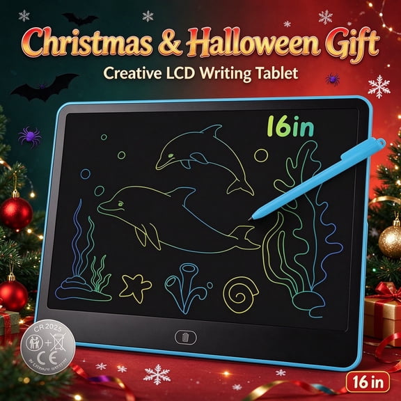 Teqhome One-Touch Erase & Lock LCD Writing Tablet for Kids, Reusable Doodle Board with Stylus, for Toddler Travel Home Learning (Blue_16in)