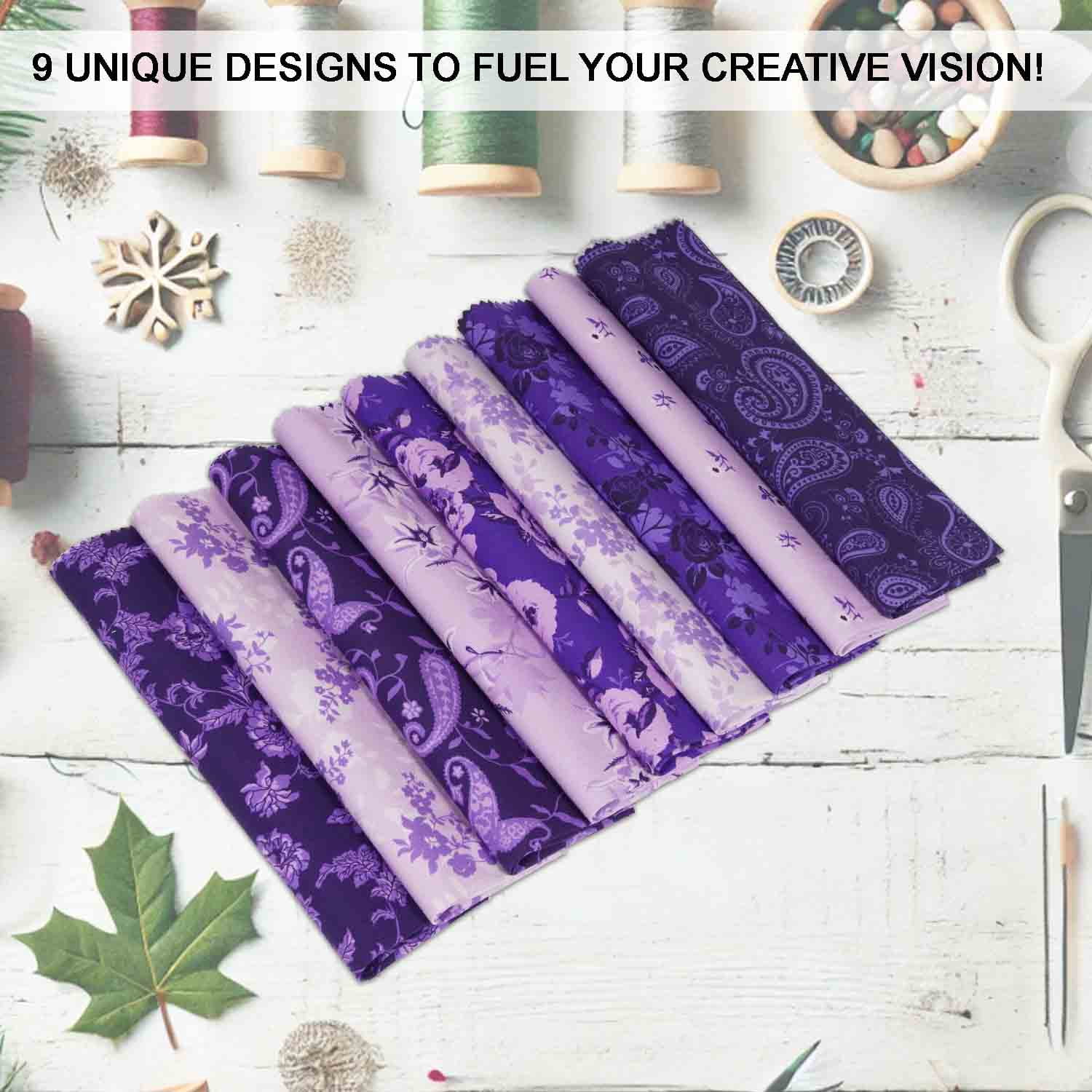 9Pcs Fat Quarter Bundle 100% Cotton Fabric for Quilting Patchwork Cushions Cotton Fabric for Patchwork, DIY Making Supplies Sewing Project, 18" x 22" - Purple Paisley Blooms