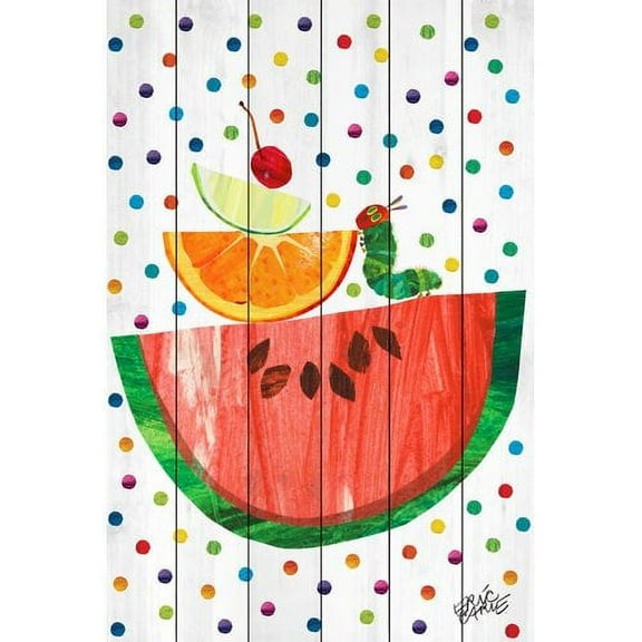 Watermelon and Caterpillar Art Print on White Pine Wood