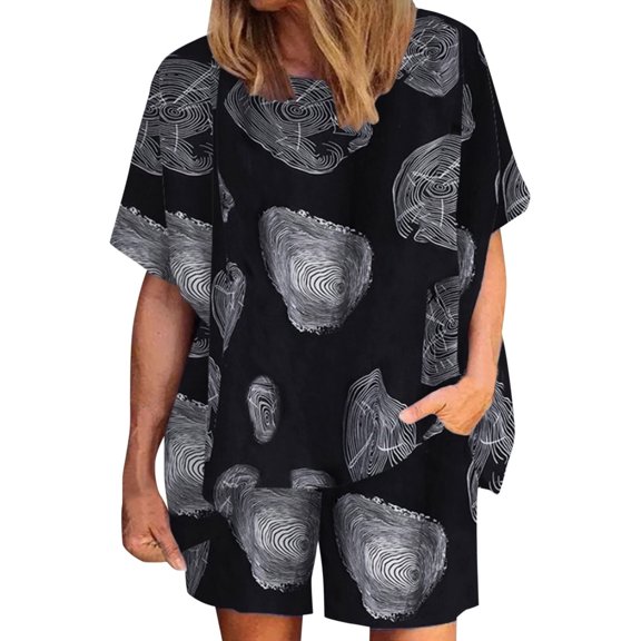 SELONE Lounge Sets for Women 2 Piece Outfits Plus Size Casual Summer Round Neck Printed Short Sleeve Tops And Shorts Two Pieces Set Suit 18-Black XXL