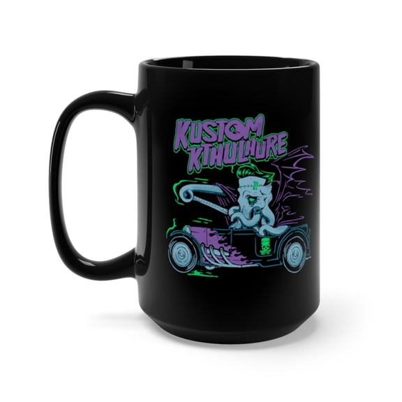 Cthulhu Kustom Kthulhure Hearse Hot Rod Gasser Coffee Mug, 15oz, Black
