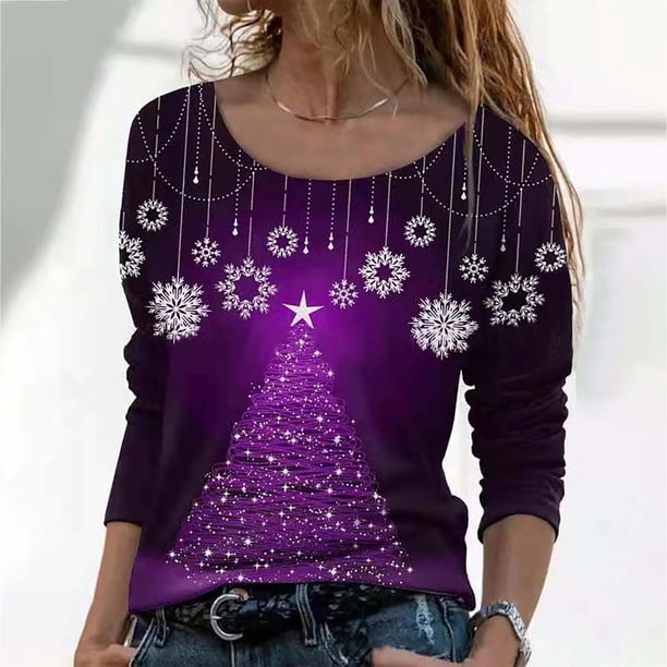 ICHUANYI Clearance Women Long Sleeves Floral Casual Shirts Solid Pullover Loose Tunic Tops Christmas Tree Print Round Neck Long Dleeve Blouse ICHUANYI "ICHUANYI"