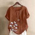 thumbnail image 2 of Cmfcve Women's Summer Oversize Tops Short Sleeve Round Neck Cotton Linen Tee Shirt Print Breathable Henley Button Blouse, 2 of 5