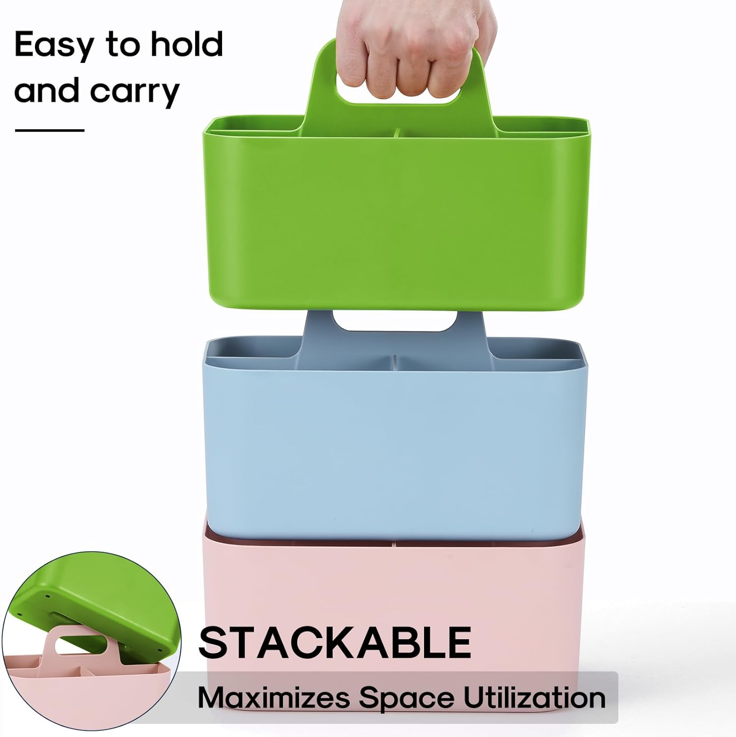 Ahot Multiuse Caddy Organizer with Handle - Stackable Plastic Tote Bin - Art Craft Supplies, Office, Desk, Stationery Pen Holder, Kitchen, Utensil, Makeup, Bathroom, Shower, Cleaning-Green