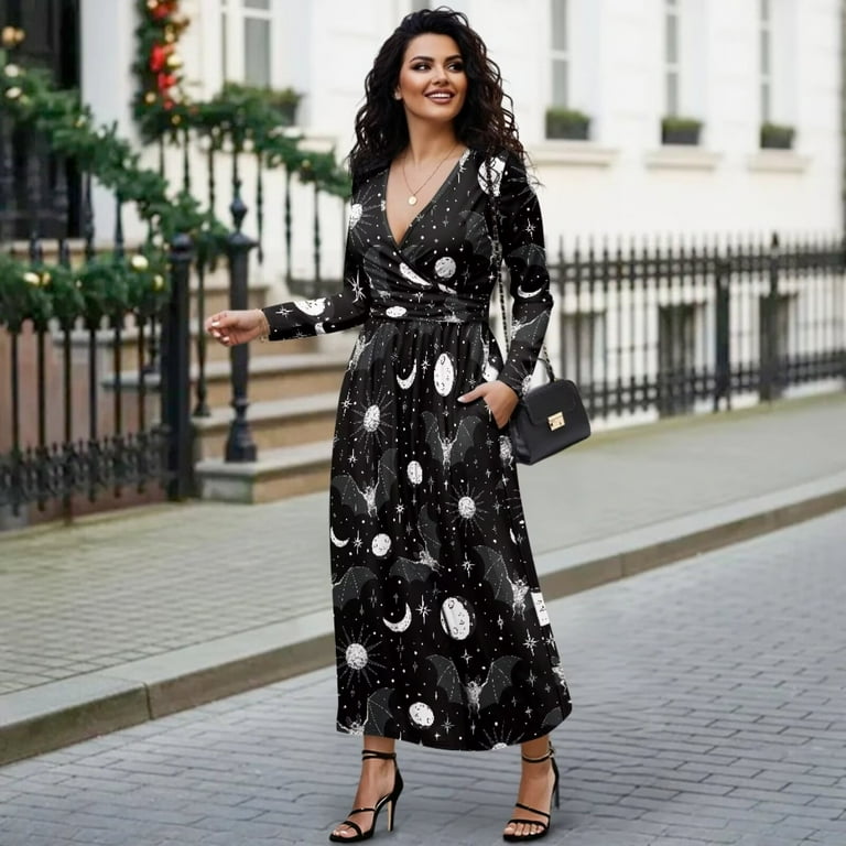 FKELYI Black Moon Starry Bat Print Womens Fall Dress Long Sleeve