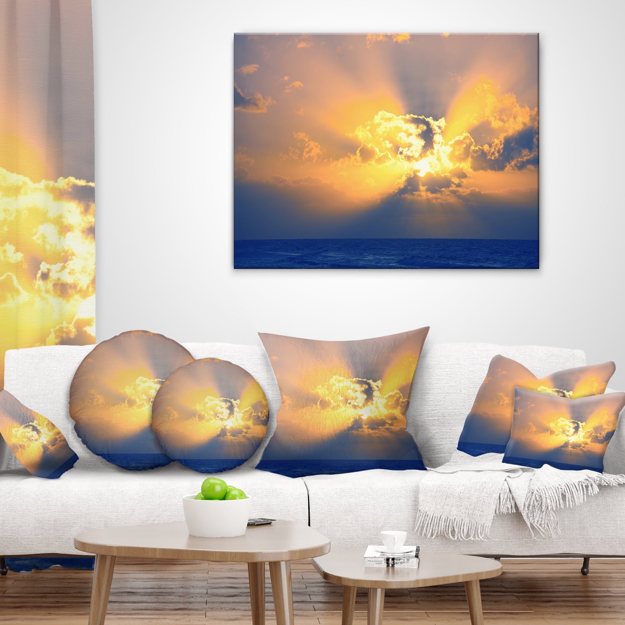 Designart Scenic Yellow Sunset in Ocean - Landscape Printed Throw Pillow - 12x20
