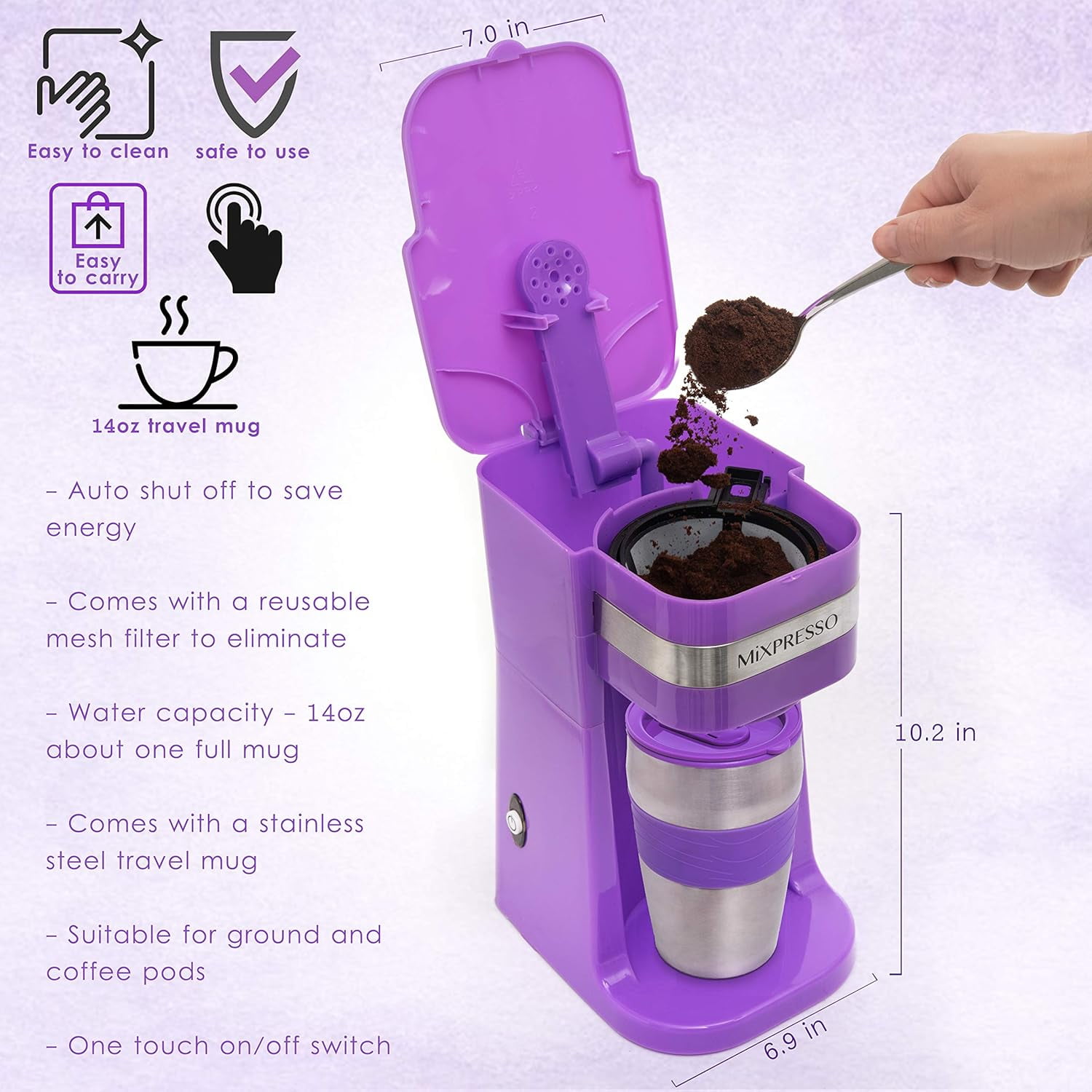 Mixpresso Single Serve Coffee Maker Ground Coffee and 14oz Travel Mug