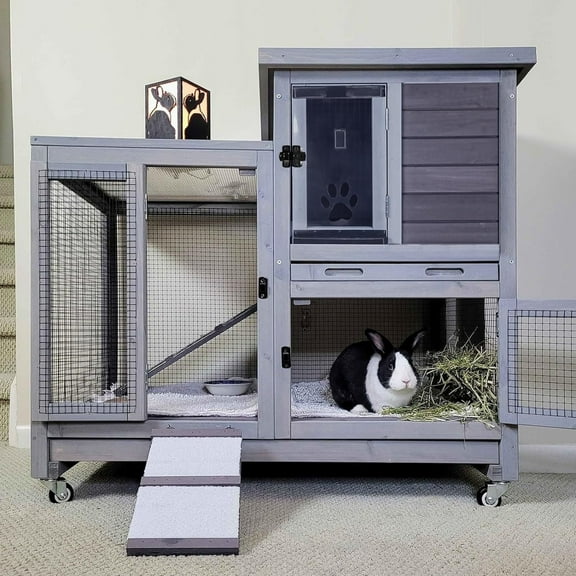 BUTINGLALE Rabbit Hutch Indoor Rabbit Cage, Large Bunny Hutch Outdoor with Wheels-Removable Wire Netting Include