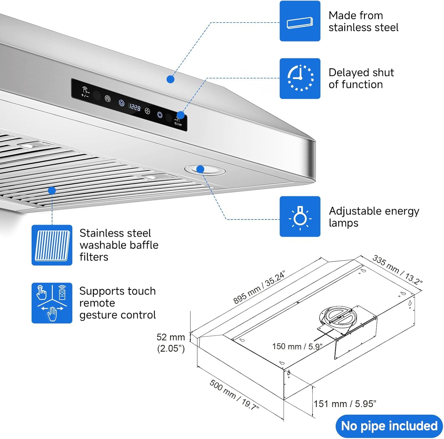 Sunmaki 36 inch Range Hood Under Cabinet 750CFM CFM with 4-Speed Gesture Sensing & Touch Control, Stainless Steel Kitchen Stove Vent Hoods with 2 LED Lights, Time Setting