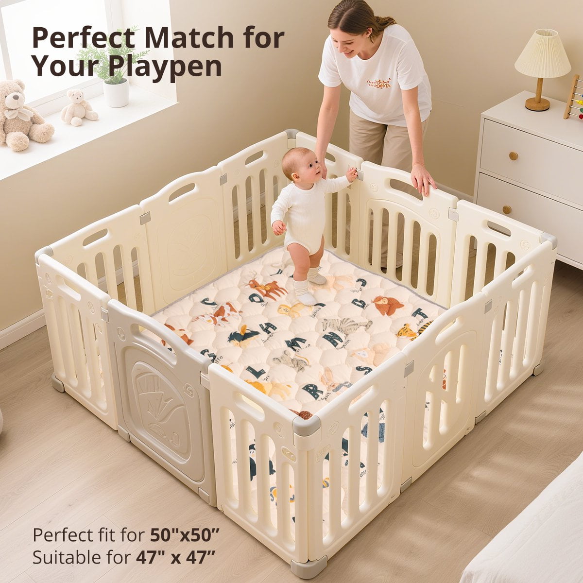 Baby Play Mat, Caveen Thicken Soft Cotton Baby Playmats, Foldable Anti-Slip Floor Crawling Playmat Playpen Mat for Infants and Toddlers, 50"x50", Beige
