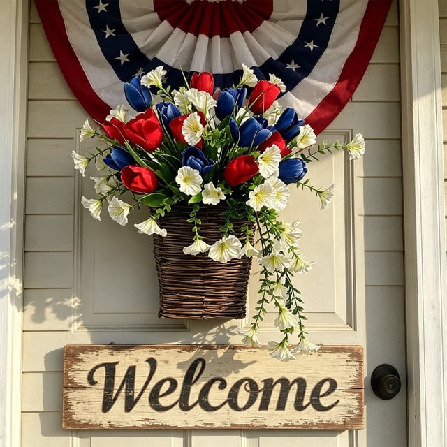 Independence Day Flower Imitation Basket Border Home Decoration With Red White Blue Wheats Ears Hanging Upside Down Door Hanging Flower Wreath Decoration