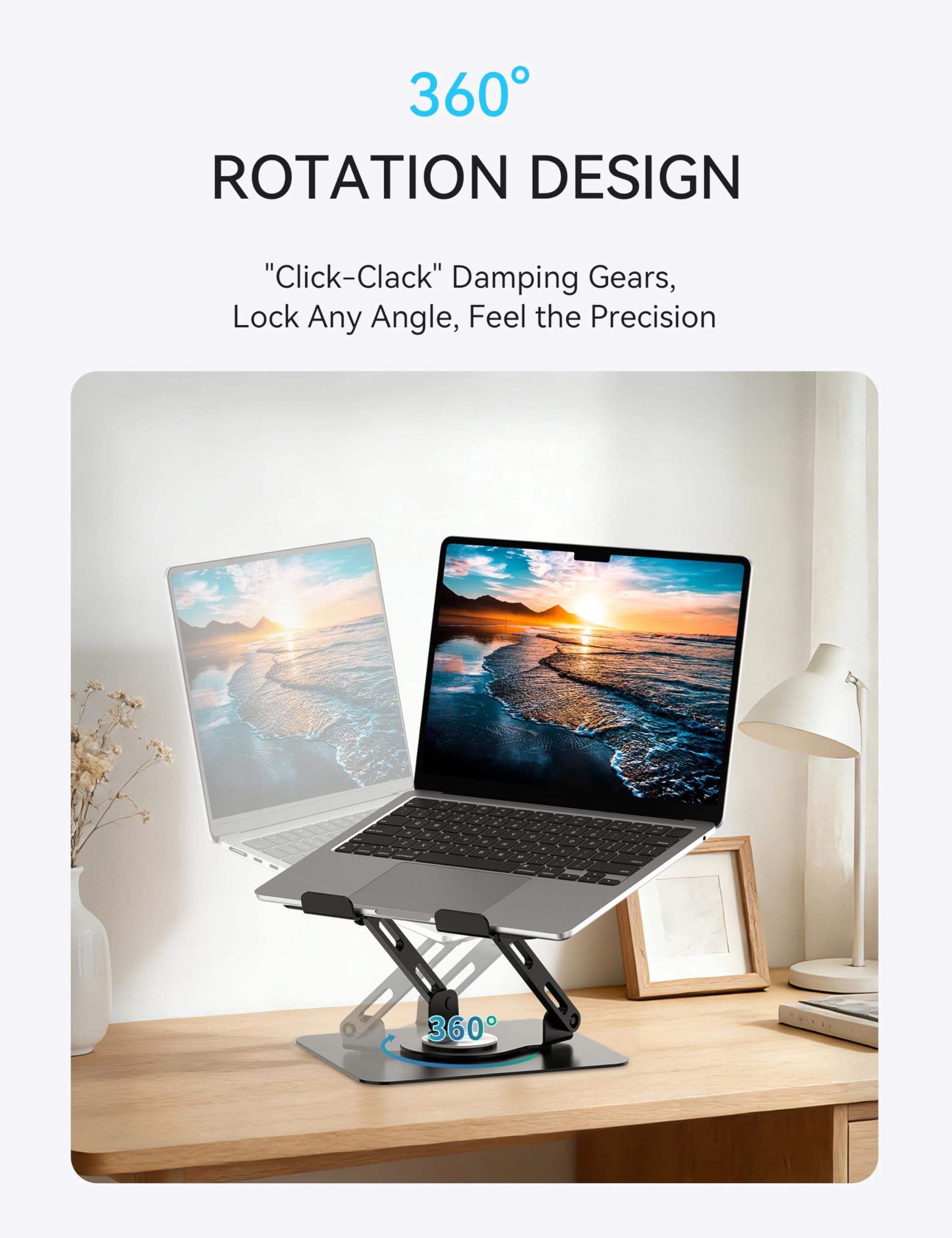 360 Rotating Laptop Stand  Computer Riser For Desk Adjustable Height Multi-angle Metal Holder Foldable Portable Notebook Elevating Base Office & Home Black