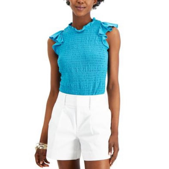 MSRP $60 Inc International Concepts Womens Smocked Ruffle-Trim Top Blue Size 2XL