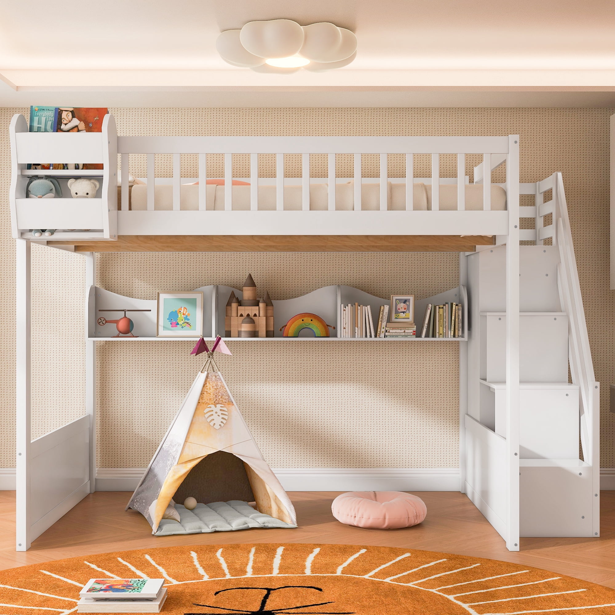 Euroco Wood Queen Size Loft Bed with Staircase and Wardrobe, Storage Bed with Cabinets and Shelves, White
