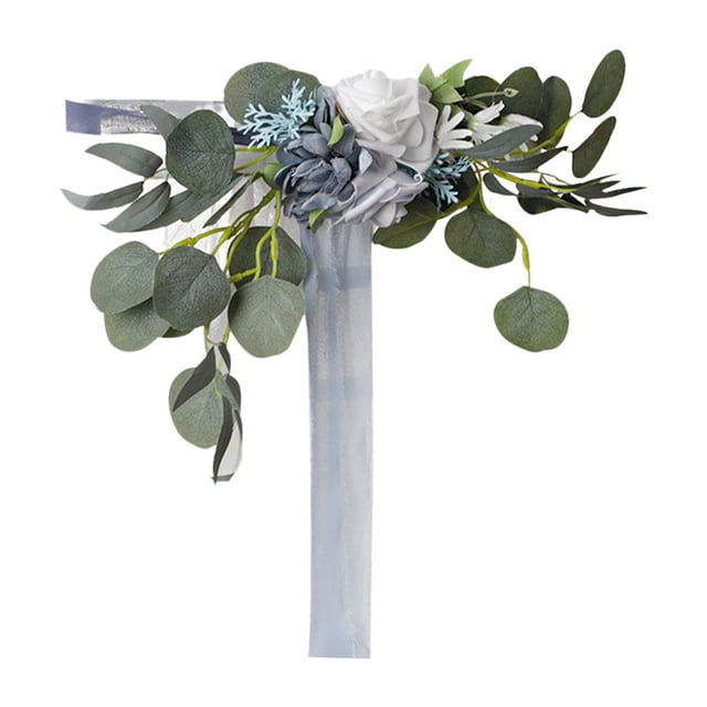 Respaldo de silla con flores artificiales, decoración de banco, hojas de olivo, decoración de pasillo para azul