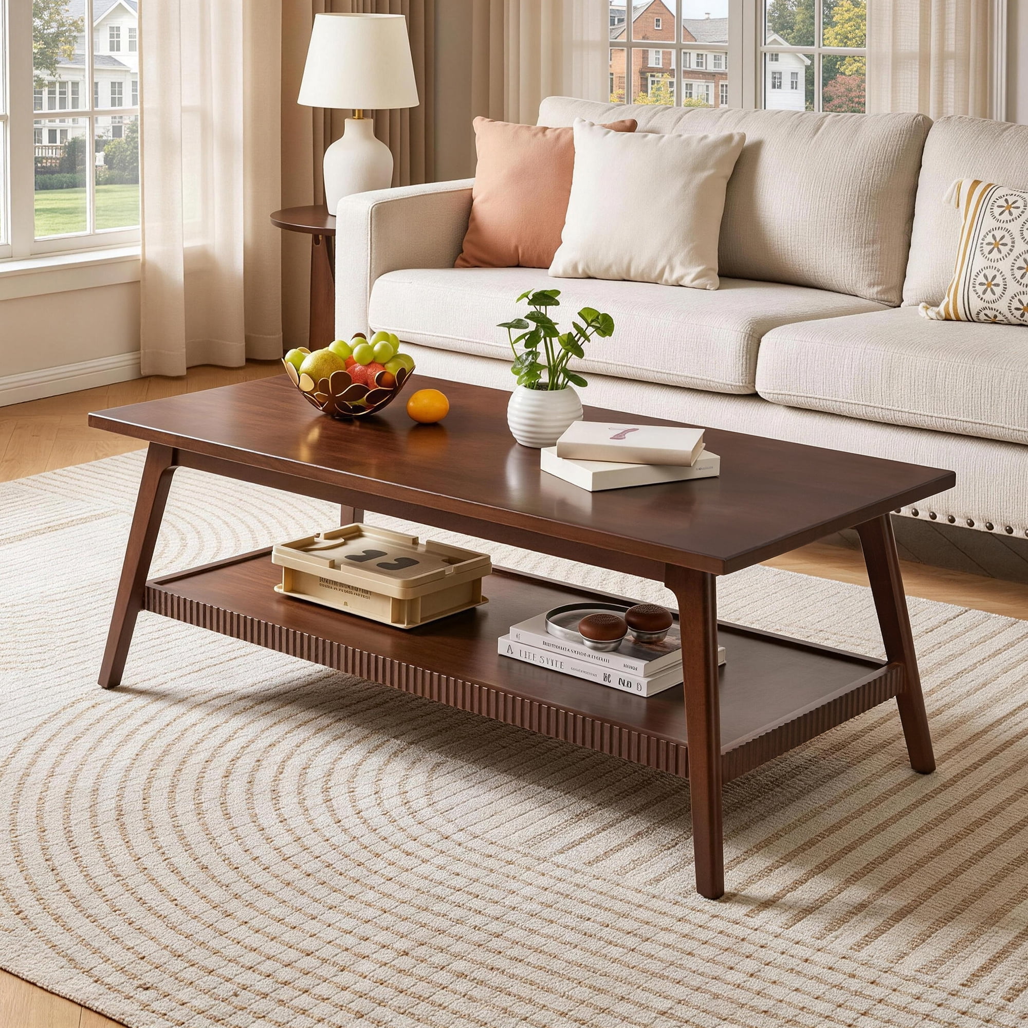 Solid Wood Coffee Table with Lower Storage Shelf, Walnut, 47.24 in x 23.62 in x 17.52 in