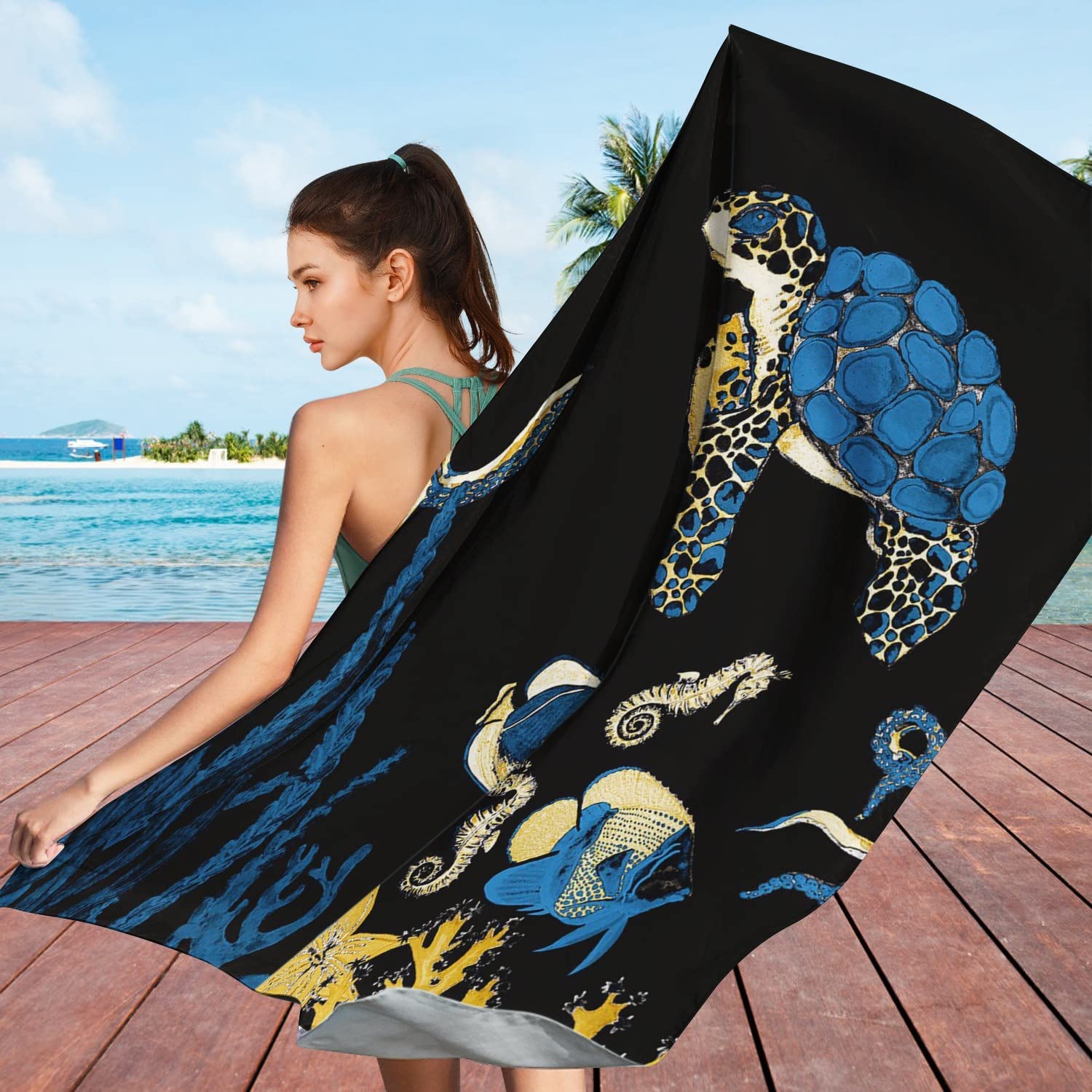 Xsinufn Blue and Gold Sea Turtle Beach Towel, Microfiber Beach Towel