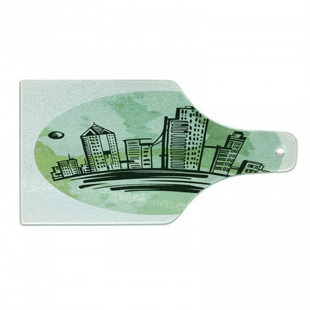 

City Love Cutting Board Modern City Life Buildings Landscape Green Tones Watercolored Illustration Decorative Tempered Glass Cutting and Serving Board in 3 Sizes by Ambesonne