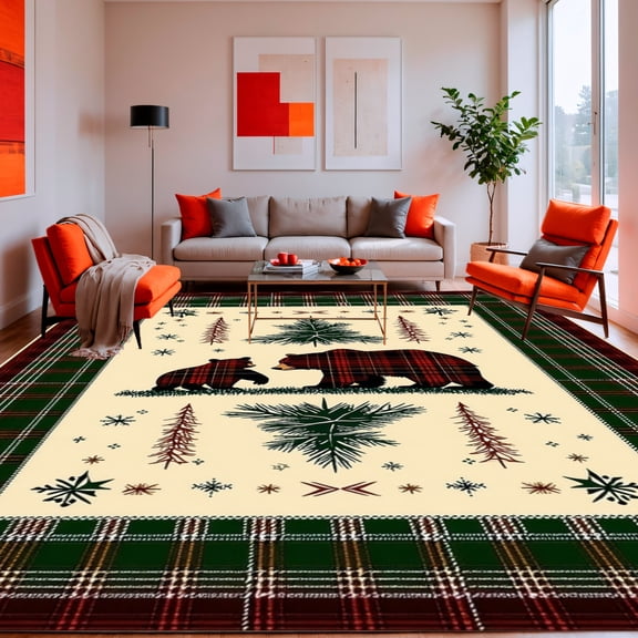 ODIKA 4'x6' Machine Washable Non-Slip Area Rug, Wildlife Inspired with Rustic Bear Illustration and Vintage Cabin High Traffic Rug, Green, 137328