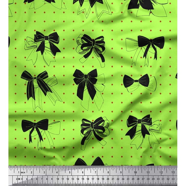 Soimoi Green Poly Georgette Fabric Bow & Dots Print Sewing Fabric Yard 42 Inch Wide