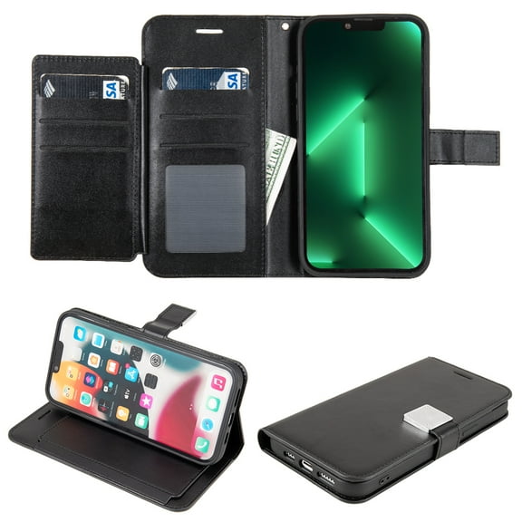 For Apple iPhone 14 Pro Max (6.7") Leather Wallet Case with 6 Credit Card, Cash Slot Lanyard Dual Flip Pouch Pocket Stand Case Cover fit iPhone 14 Pro Max - Black