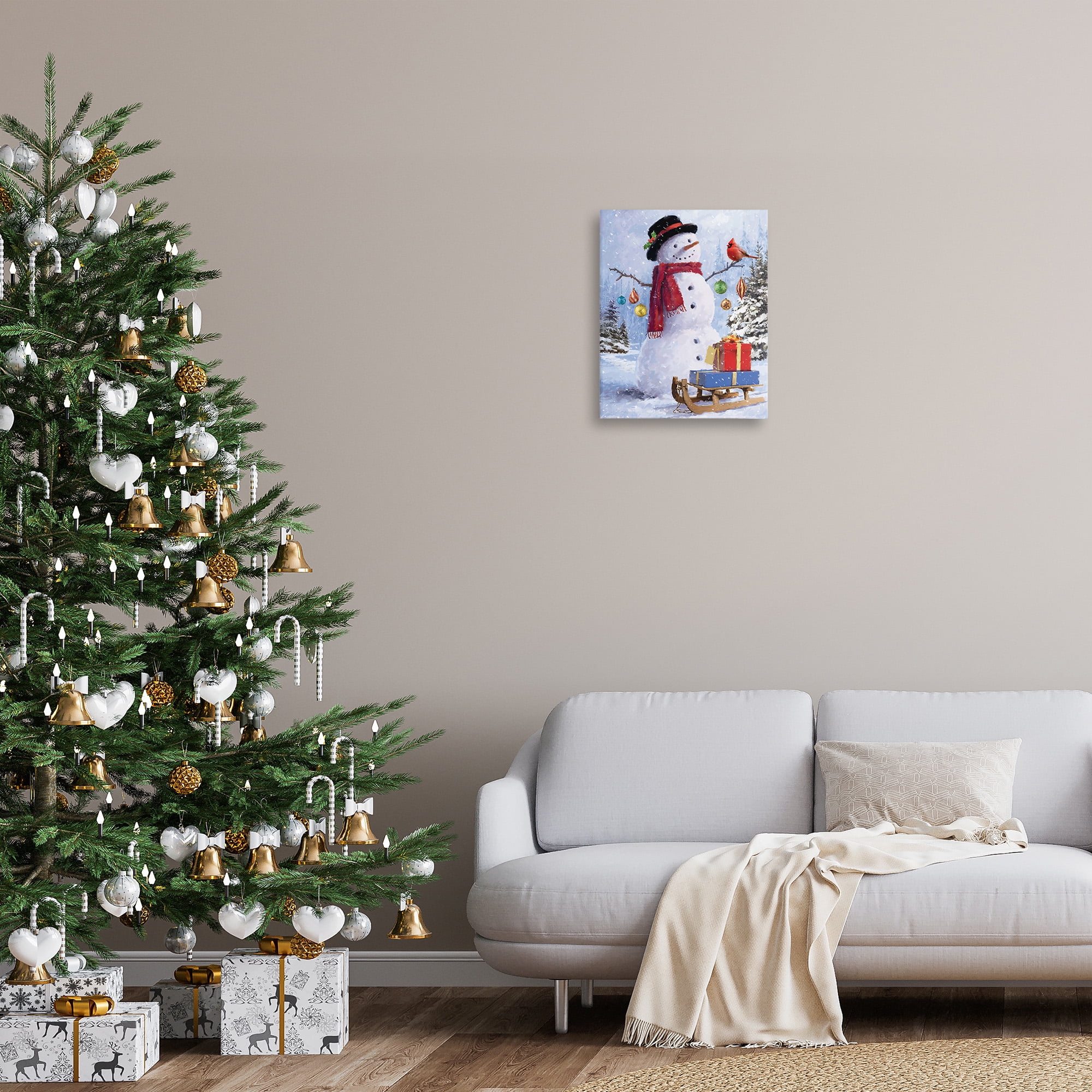 Stupell Industries Snowman with Gift Sled Landscape Painting Gallery Wrapped Canvas Art Print Wall Art, 16 x 20