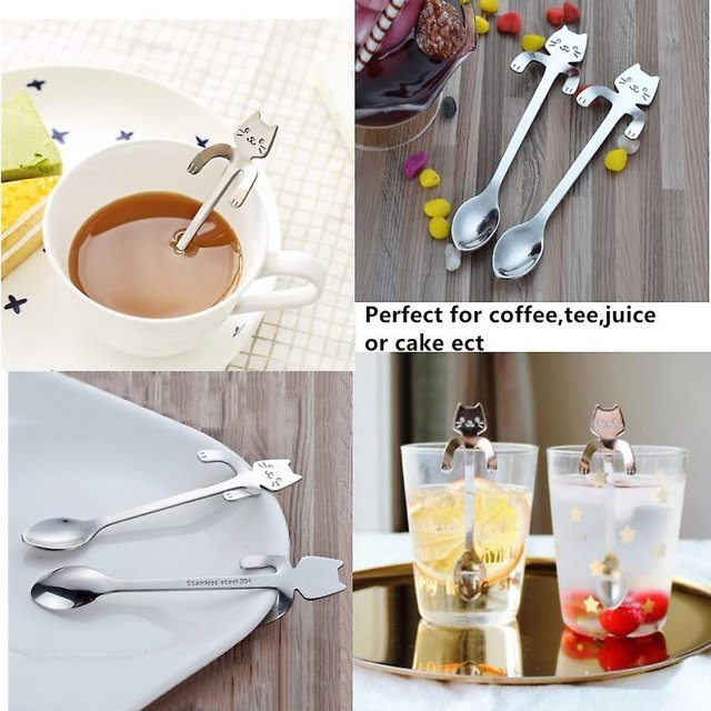 Cucharas de acero inoxidable 304, 2 cucharas de café de regalo con bonitos gatos, cucharas de ciruela, regalo LingWen 8390612796623