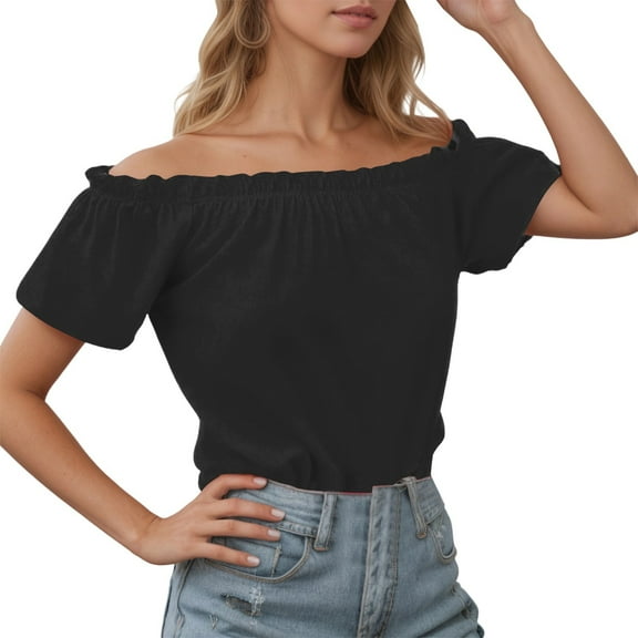 DuoJiaJ Women's Summer Off Shoulder Blouse With Ruffles Casual Wear Lightweight Comfortable Tops Shirt Women's Linen Shirts Black L