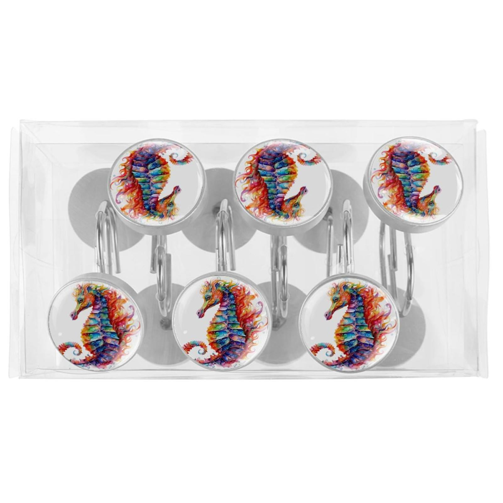 Seahorse Shower Curtain Hooks （Set of 12） for Home Hotel Shower Rods Bathroom Crystal Glass Print Stainless Steel Round Curtain Hooks