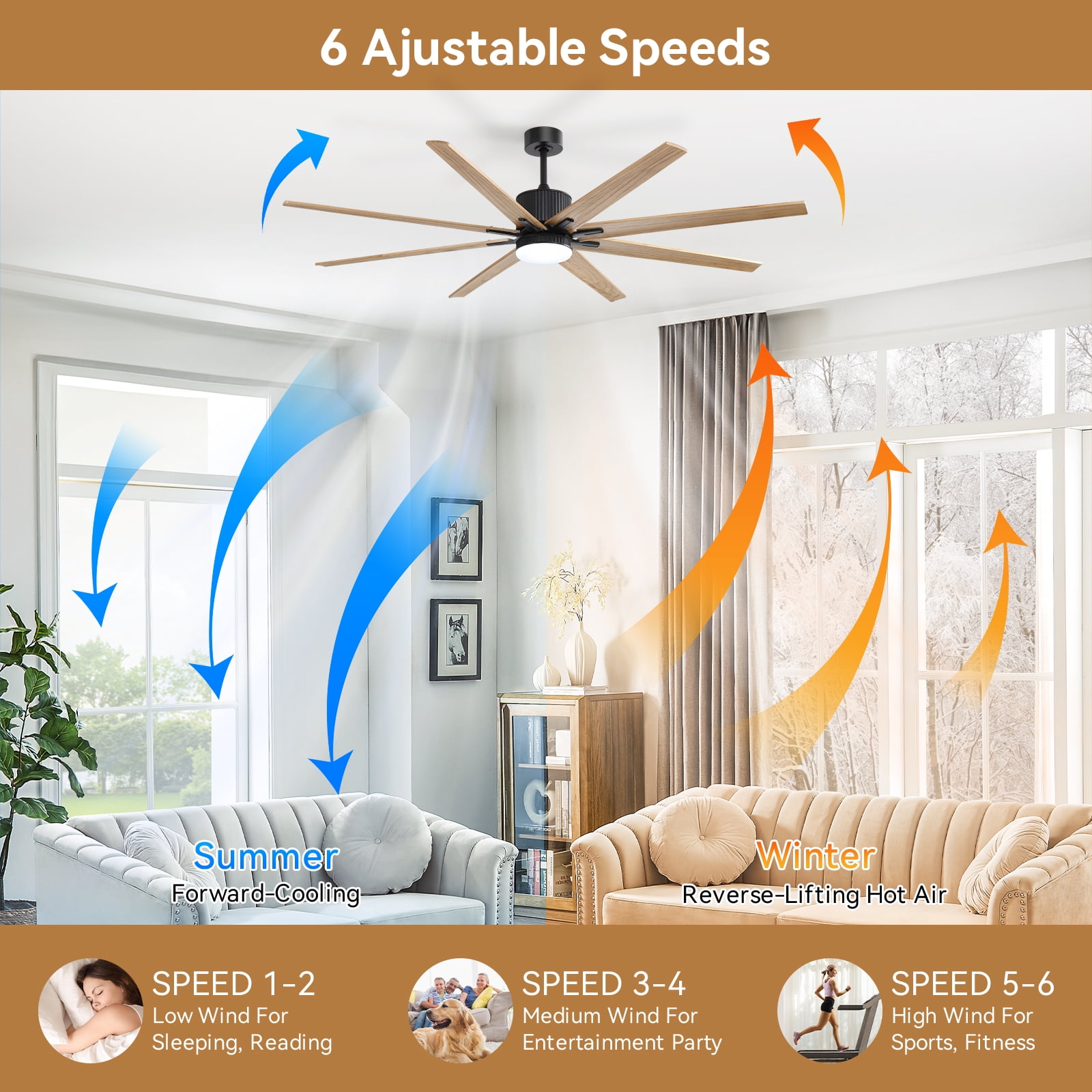 Sofucor 76 Inch Solid Wood Ceiling Fan with Remote, App Control, Alexa Google
