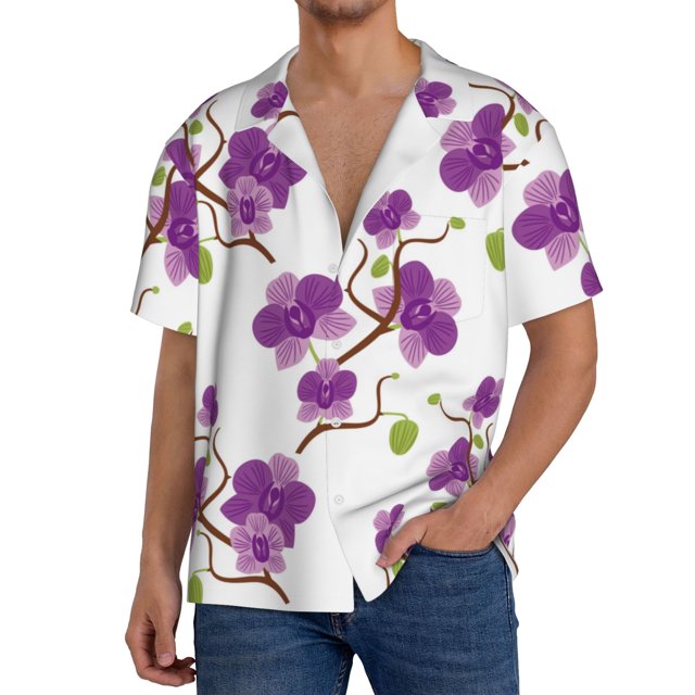 Balery Orchids Flowers Camisa Casual de Manga Corta con Botones para Hombre, Texturizada, Estilo Cubano, para Playa, Verano-Large