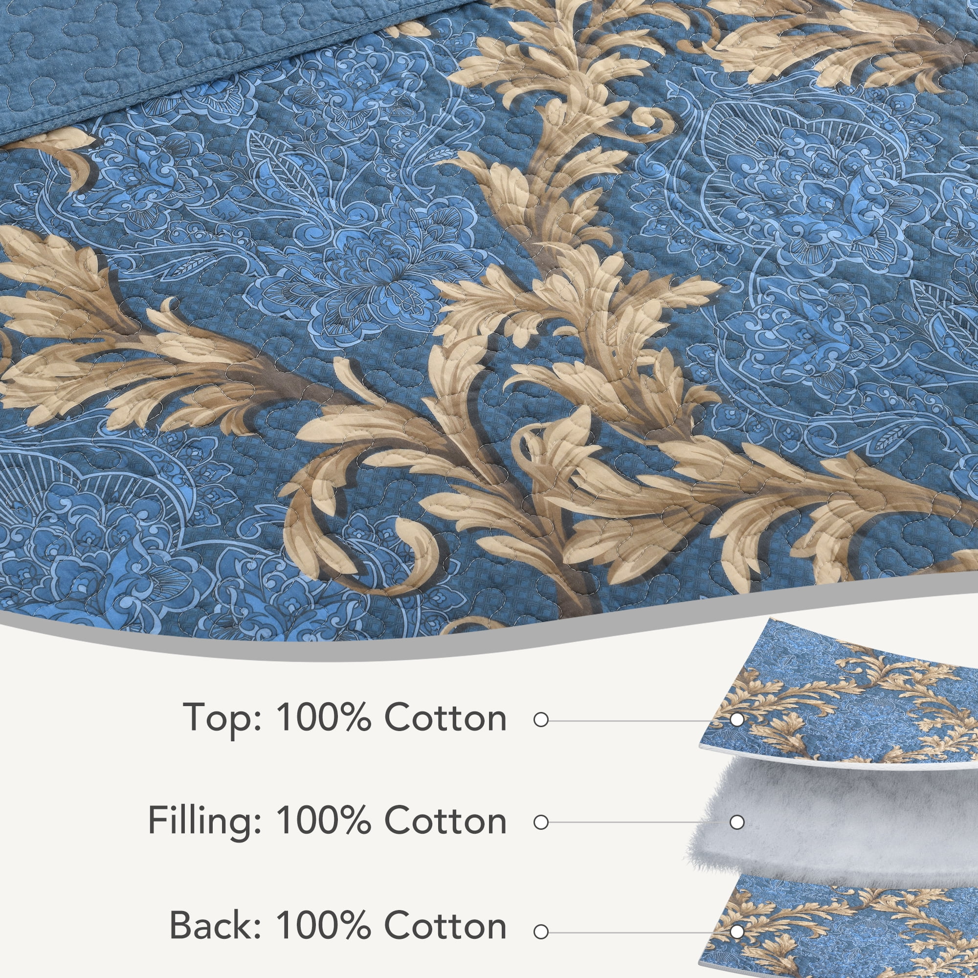 BCOTTOND Floral Quilt Set King Size - Reversible Dimensional Botanical Bedspread - 100% Cotton Pre-Washed Luxury Coverlet with 2 Pillow Shams(Bule/Brown)