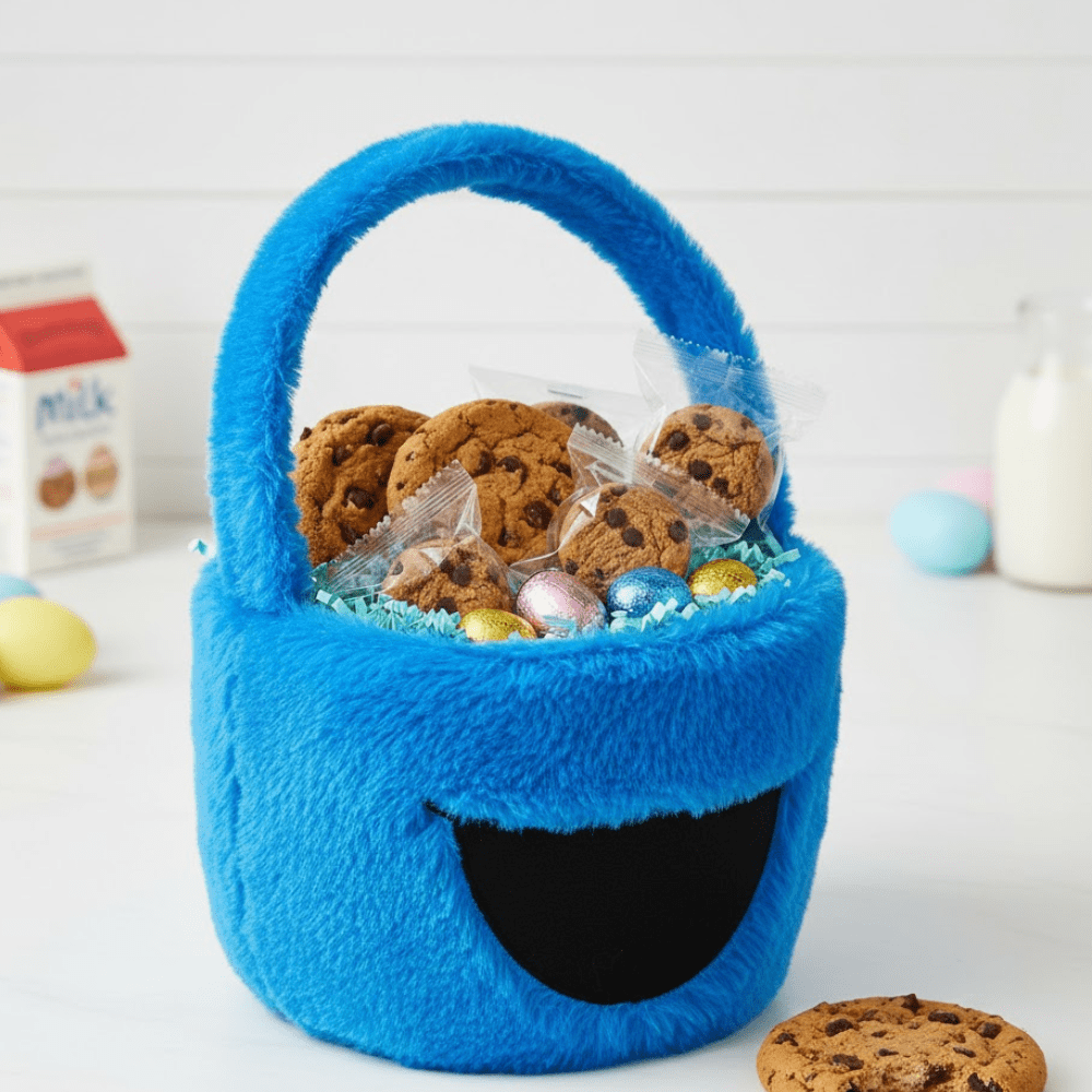 Sesame Street Cookie Monster Plush Easter Basket (1 Pack) – Blue Soft Plush Toy & Stationery Holder with Bonus LaPrima Morceau Bonbon