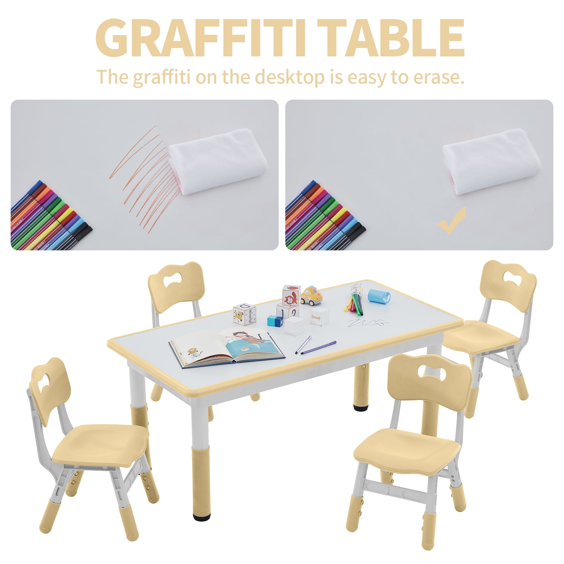 Toddler Table and Chairs Set for 4, 47.2''L x 23.6''W Kids Study Table and Chair Set, Height-Adjustable, Graffiti Desktop, Children Activity Table for Daycare, Classroom, Home