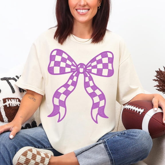 Purple Checkered Bow, Purple Game Day Shirt Design, Checkered School Mascot, Coquette Bow Game Day Shirt Design, Baseball Football179 Tshirt All Size S-5XL