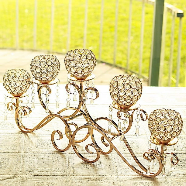 BalsaCircle Gold 16Inch tall Crystal Beads Horizontal Candle Holder